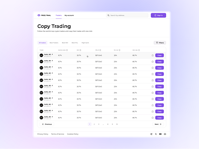 Main page of the cryptotrading platform chart crypto dashboard defi design finance financial fintech light main purple table trading ui ux web3 website