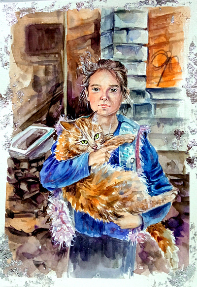 Original Watercolor Painting: Ukrainian War Art, Girl with Cat, art cat girl hand painted kid paint painting pet portrait ukraine war