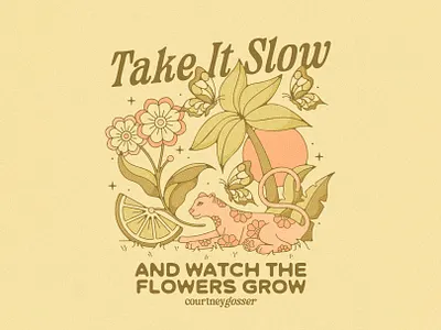 Take It Slow & Watch The Flowers Grow adventure apparel graphic beach scene big cat bloom botanical botanical design brand assets brand identity butterfly cheetah design earth design flowers leopard nature design nature illustration palm trees spring summer