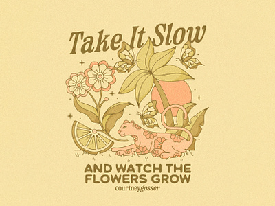 Take It Slow & Watch The Flowers Grow adventure apparel graphic beach scene big cat bloom botanical botanical design brand assets brand identity butterfly cheetah design earth design flowers leopard nature design nature illustration palm trees spring summer