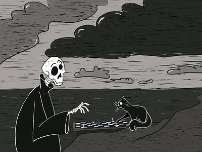 Thanatos and The Cat - the Seventh Seal cinema concept illustration procreate