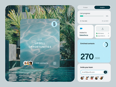 Playbook creation — Surfe UI add to crm bento ui blur effect branding design system enrich contact find email invite team list export list progress minimal design opportunities playbook product design product list sales goals sequence ui upsell ux