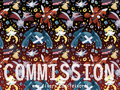 Steel type Pokemon Seamless Pattern :) digital art fabric pattern graphic design illustration jirachi magnemite mawile metagross pokemon scizor seamless pattern skarmory steelpokemon steeltypepokemon textile pattern