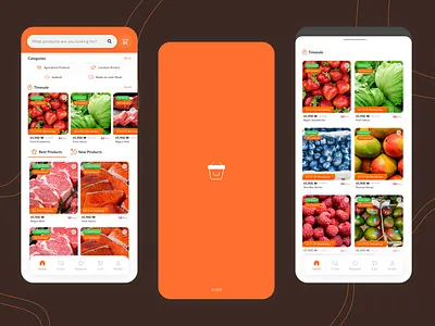 Marketplace - Mobile App app buy chat checkout delivery food fruits goods marketplace meat mobile orange product rewards search settings ui ux vegetables white