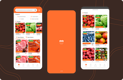 Marketplace - Mobile App app buy chat checkout delivery food fruits goods marketplace meat mobile orange product rewards search settings ui ux vegetables white