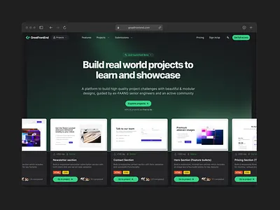 Landing page website for Front end to learn - GreatFrontEnd clean dark mode figma framer front end frontend greatfrontend landing page online learning online platform real project saas saas website user interface webflow website
