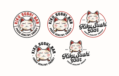 Kiku Sushi Bar Logo Bundle badge design branding cat food design hand drawn illustration illustration vintage logo logo design lucky cat maneki neko print stuff sushi vintage logo