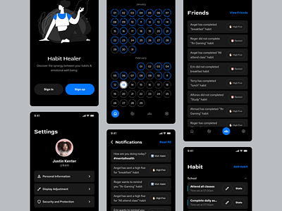 Habit Healer - A Habit Monitoring App app calendar componant dark designer friends settings social ui