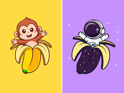 Banana🍌🐵🧑🏻‍🚀 animals astronaut banana boy character cute eating flying food fresh fruit icon illustration logo monkey sky space star yellow
