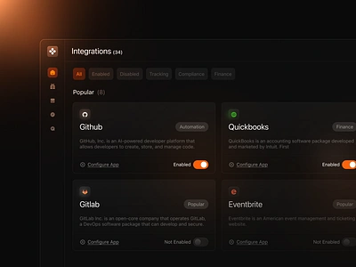 Dark Mode Tracking pt.6 clean configure design details integrations interface menu minimal navigation product design saas search select settings switch toggle ui ui design ux ux design