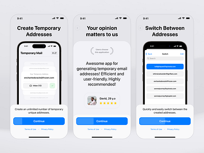 Onboarding for Temporary Mail App adresses app appstore buttons design email inbox interface ios mail mobile modern onboarding presentation temporary ui ux
