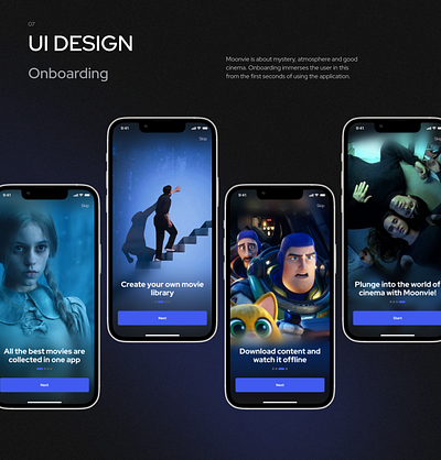 Moonvie — Streaming Mobile App (UI/UX Design) app blue dark mode design mobile mobile design movie movies series streaming tv show ui uiux uiux design ux watching
