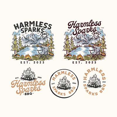 Harmless Sparks BBQ bbq branding campfire camping design graphic design hand drawn design illustration illustration vintage logo logo design vintage logo