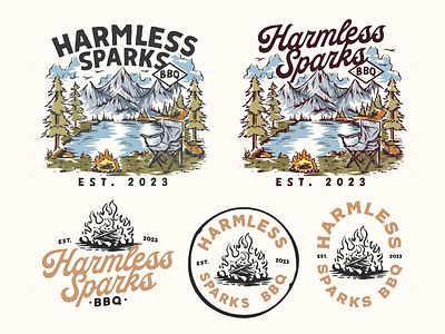 Harmless Sparks BBQ bbq branding campfire camping design graphic design hand drawn design illustration illustration vintage logo logo design vintage logo