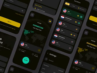 VPN APP DESIGN android app application clean connection darkmode design figma graphic design interface internet mobile proxy secure server ui uidesign uiux ux vpn