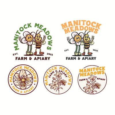 Manitock Meadows Logo Set badge design bee branding design farm apiary flower hand drawn design illustration illustration vintage logo logo design vintage logo