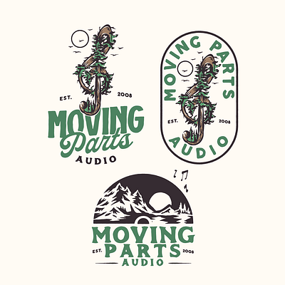 Moving Parts Audio Logo audio badge design branding design hand drawn design illustration illustration vintage logo logo design mountain music note trees vintage logo