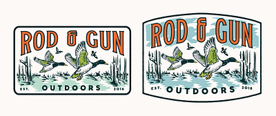 ROD & GUN OUTDOORS badge design branding duck hunting ducks hand drawn design hunting design illustration illustration vintage logo logo design vintage logo