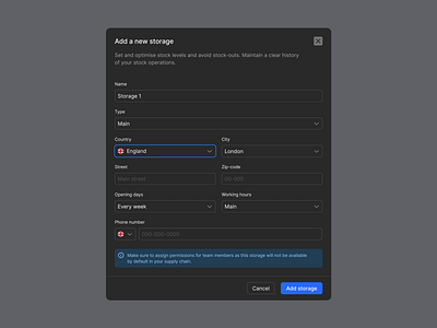 Add a new storage modal add new add new storage confirmation dark mode dashboard e commerce form input items modal order management panel platform products select storage ui ux uxux