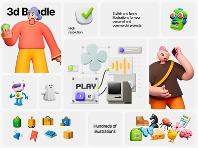 3d Illustration Bundle bento grid character checkbox illustration plasticine