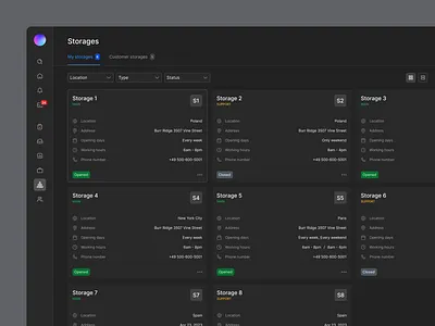 Storages view - eCommerce platform address dashboard delivery e commerce items management manage orders orders panel phone number platform products stock storage storage location uiux