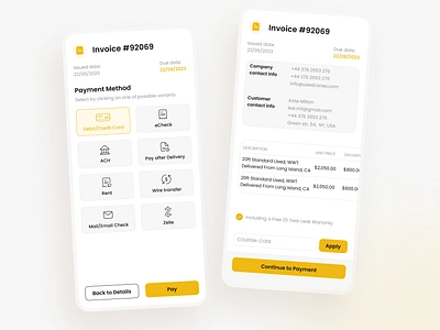 Invoice Layout Mobile Design | Invoice Creating Process app billing branding buttons company invoice concept containers dailyui design fintech inspiration invoice invoice flow invoice workflow management mobile invoice payment method payment process ui yellow