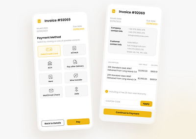Invoice Layout Mobile Design | Invoice Creating Process app billing branding buttons company invoice concept containers dailyui design fintech inspiration invoice invoice flow invoice workflow management mobile invoice payment method payment process ui yellow