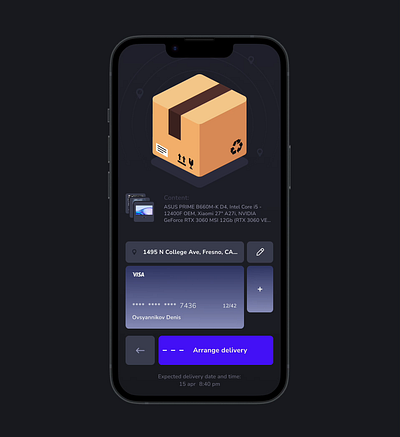 Delivery screen animation blue box button card dark delivery design electronic devices figma illustration interface iphone locator mobile online store sity store ui