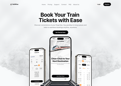 Landing Page for Train Booking App booking booking app clean cloud flight flight booking landing page minimal mobile design railway ticket train train booking app ui web design webapp