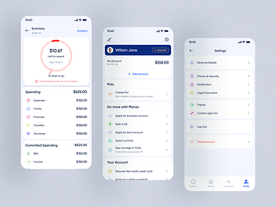 Finify Finance app - Summary & Profile Page app app design banking banking app clean finance financial app fintech minimal mobile mobile app online banking payment statistics transactio uidesign uiux user uxdesign wallet