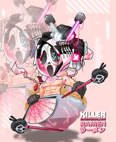 Cyberpunk Geisha Ghostface in Ramen cyberpunk food art ghostface illustration kawaii horror oni poster art ramen