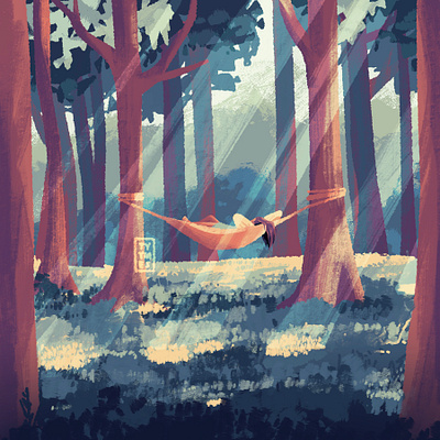 Within the trees 🌳 beautiful calm character children book design digital dream forest girl hammock illustration journey minimal procreate relaxing simple trees