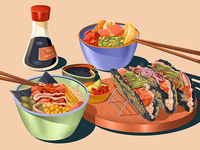 Poke wow artwork asia asian food eggs food food art lemon poke rice salmon soy sauce sushi tuna
