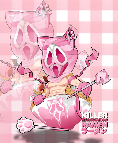 Pink Kitty Ghostface in Ramen food art ghostface illustration kawaii horror pink pink ghostface poster art ramen