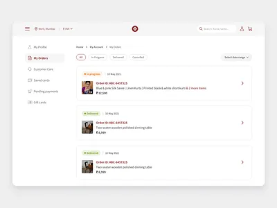 E-commerce- My orders page dashboard design e commerce my orders product design ui uidesign user interface ux design ux ui visual design web application web design website