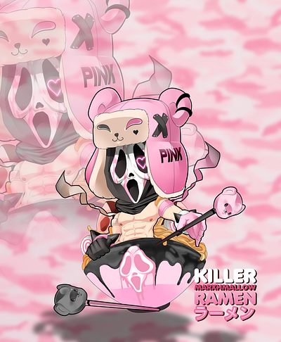 Black Pink Bear Hunter Ghostface in Ramen animal black pink food art ghostface icon illustration kawaii horror poster art ramen