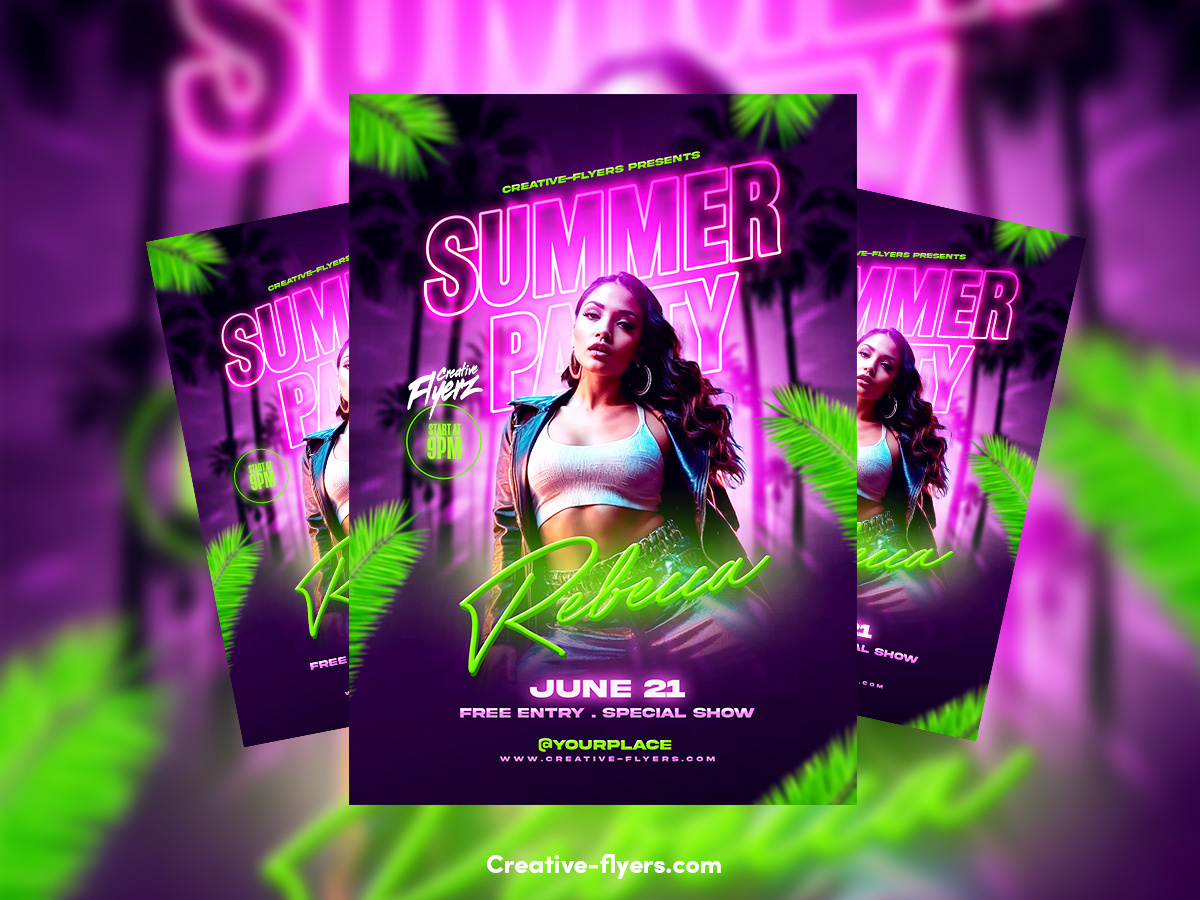 Summer Party Flyer (PSD file) beach party creative flyers dj flyer graphic design neon neon effects neons poster party flyer photoshop poster psd summer flyer