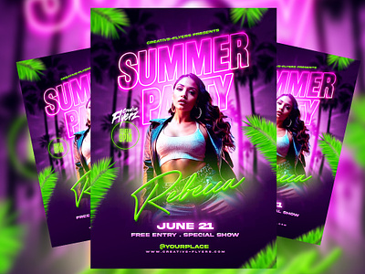 Summer Party Flyer (PSD file) beach party creative flyers dj flyer graphic design neon neon effects neons poster party flyer photoshop poster psd summer flyer