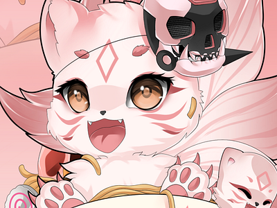 Kitsune Fox Demon in Ramen animal animal art baby wolf food art fox demon hazel eyes illustration kitsune nine tailed fox oni mask pink demon pink fox poster art ramen