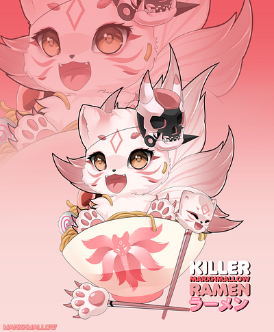 Kitsune Fox Demon in Ramen animal animal art baby wolf food art fox demon hazel eyes illustration kitsune nine tailed fox oni mask pink demon pink fox poster art ramen