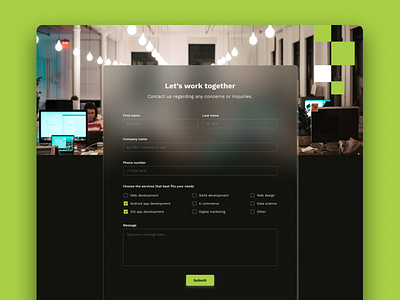 Contact form for website contact contact form dark mode design get in touch glassmorphism landing page lead generation neon green ui uidesign user interface uxdesign visual design web web design