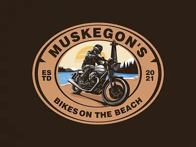 Muskegon's Bikes on the Beach 99design bestdesign branding cartoonlogo cityscapeviews coastalcruise creativedesign design graphic design illustration illustrationlogo moondesign motorcycle sea sun sunsetthrills