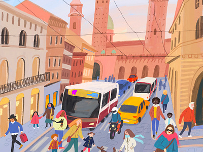 Bologna, Italy adventure bologna branding bus cartoon children childrensbook city drawing illustration illustrator italy kidlit people picturebook postcard town transport
