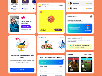 Gamification UI Cards to View Activity, Progress and Rewards rewards