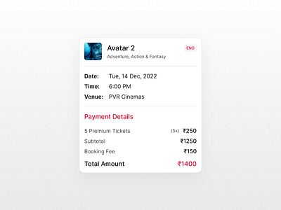 It's booked! 🎟️ aesthetic app bill booking cards cinema flimsy hulu minimalist movie moviesapp netflix payment prime ticket ui