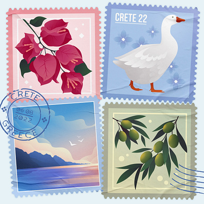 Crete postage stamps art cute design flat illustration greece postage stamps vector