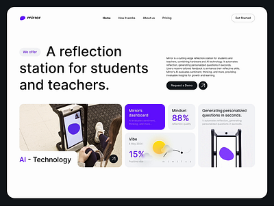 Mirror is a reflection station for students and teachers. 2024 ai ai powered blob branding card cards clean design dribbble graphic design home page illustration ios landing light logo mobile ui web