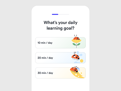 learning goals onboarding ui ai app app design branding buttons cards darya days design illustration ladybug language learning minutes onboarding progress selection semenova ui