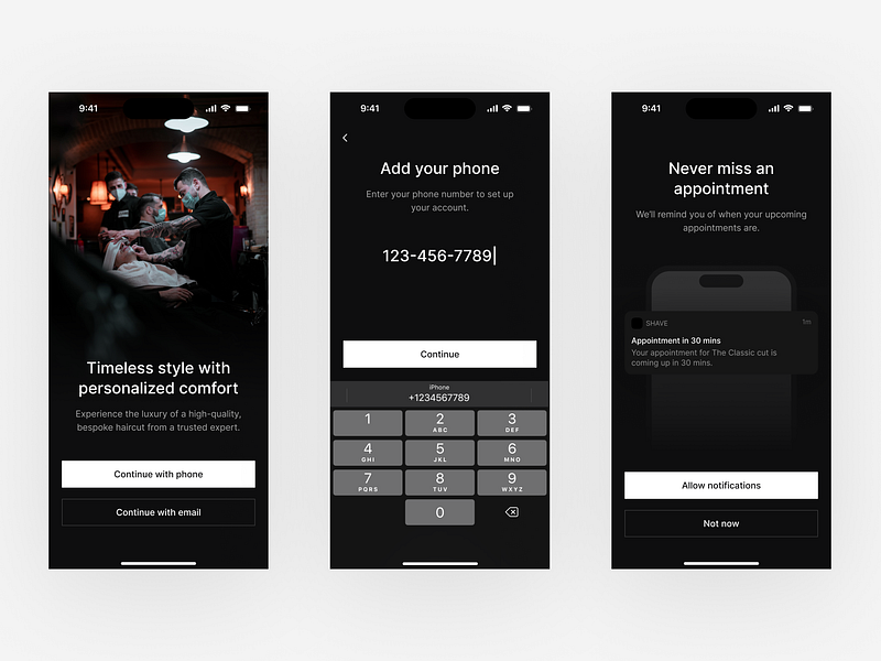 Shave - Barber app app design branding clean dark mode dark mode ui dark ui design illustration interface ios app logo minimal minimalistic onboarding product design ui ui design user interface ux ux design
