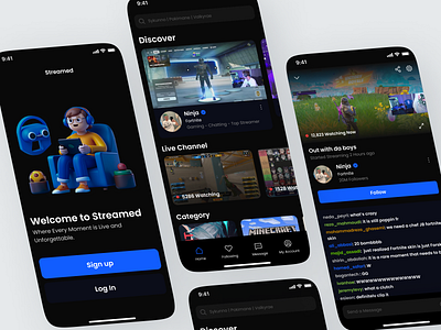 Game Streaming App Design Exploration chat chatbox comment darkmode discover following fortnite game gaming iphone mobile onboarding play stream streamer streaming app streaming service twitch ui video